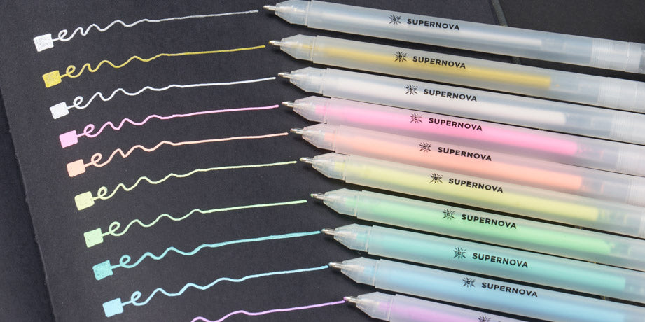 A black notebook features sample lines of different colored Supernova gel pens underneath the product name, showcasing various pastel shades.