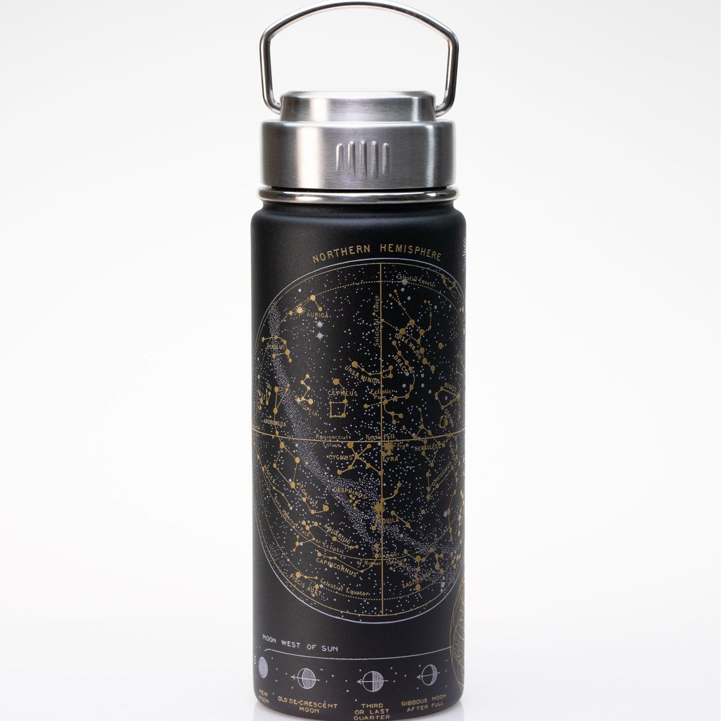 A black water bottle with a silver screw cap and a star map design labeled "Northern Hemisphere.