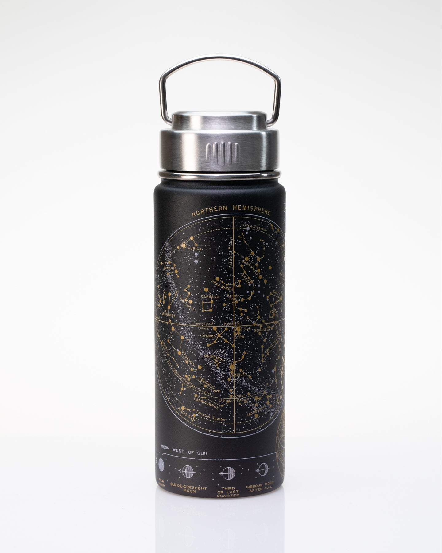 A black water bottle with a silver screw cap and a star map design labeled "Northern Hemisphere.