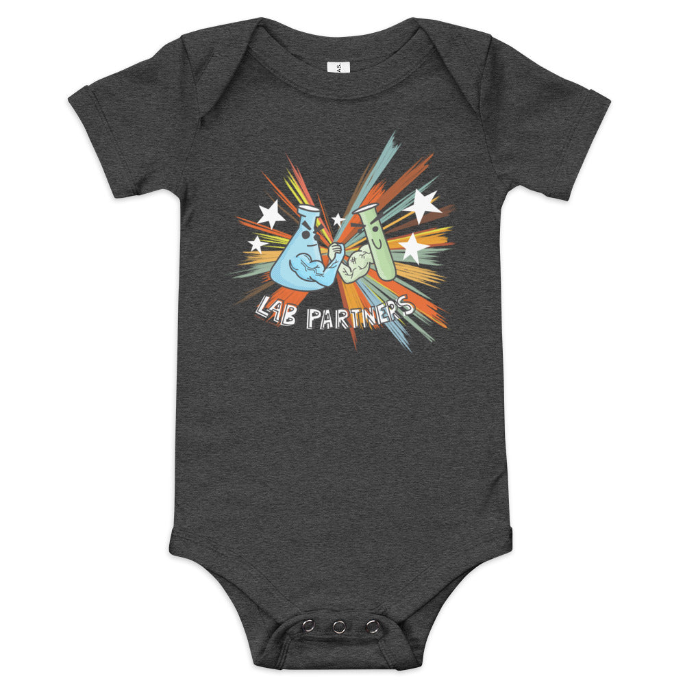 Gray baby onesie with a colorful graphic of laboratory beakers high-fiving, surrounded by stars, and the text "Lab Partners.