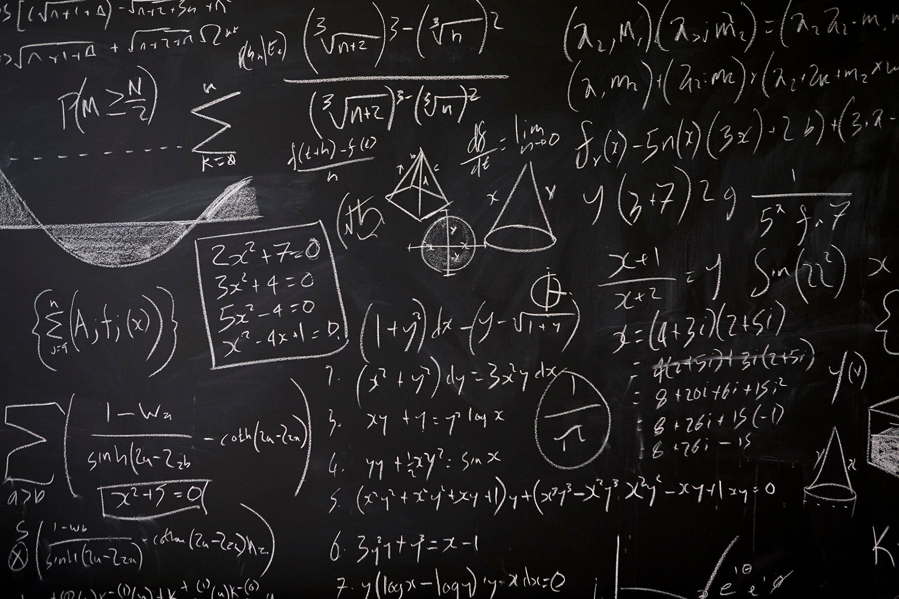 A chalkboard covered with various mathematical equations, graphs, geometric shapes, and algebraic symbols written in white chalk.