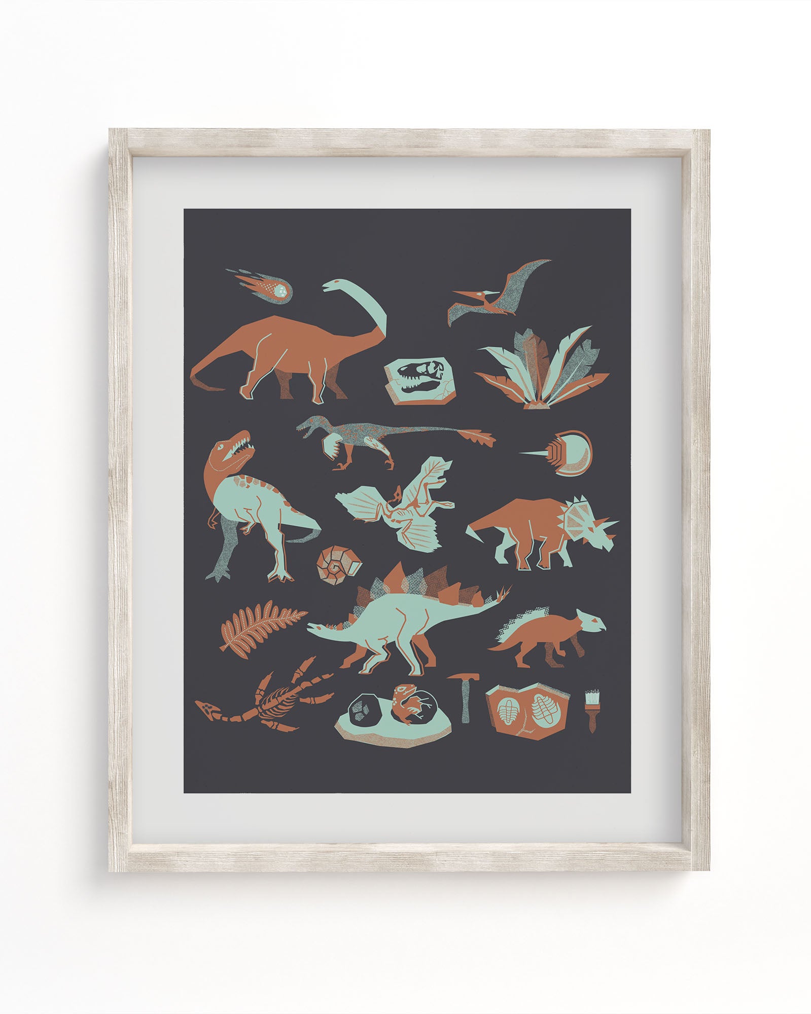 A Cognitive Surplus framed art print of Retro Dinosaurs Museum Print in a black frame.