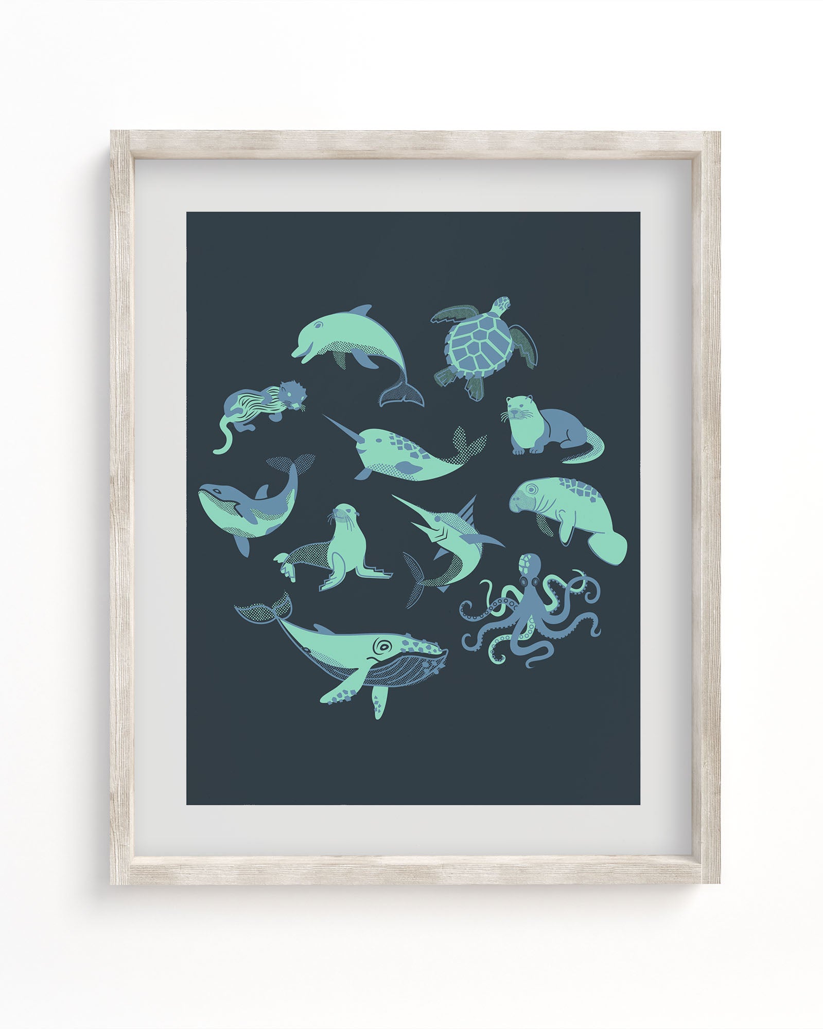 A Cognitive Surplus Retro Marine Life Museum Print with sea animals on a dark background.