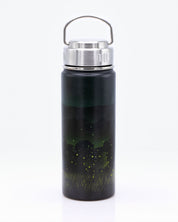 A black Firefly Meadow 18 oz Steel Bottle with an image of a firefly on it, made by Cognitive Surplus.
