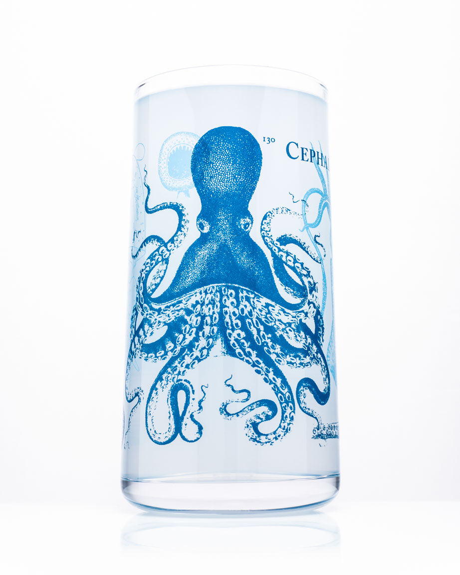 A Monsters of the Deep: Cephalopods Drinking Glass by Cognitive Surplus with an octopus on it.