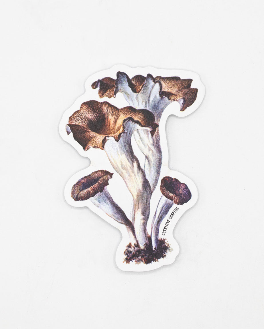 A Cognitive Surplus Craterellus Cornucopioides Mushrooms Sticker on a white surface.