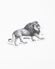 A black and white drawing of a Lion Sticker by Cognitive Surplus on a white surface.