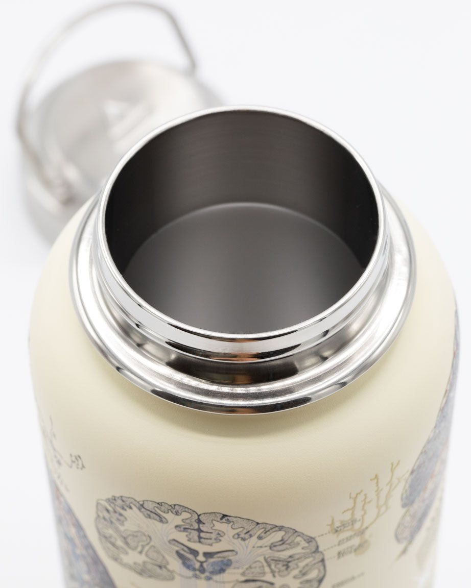 A Cognitive Surplus Brain & Neuroscience 32 oz Steel Bottle with an image of a brain.