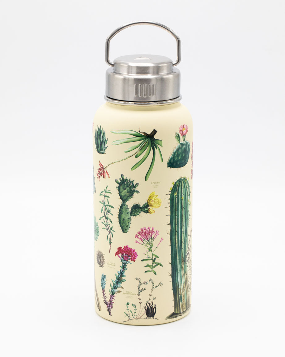 A Succulents 32 oz Steel Bottle with cactus plants on it, by Cognitive Surplus.